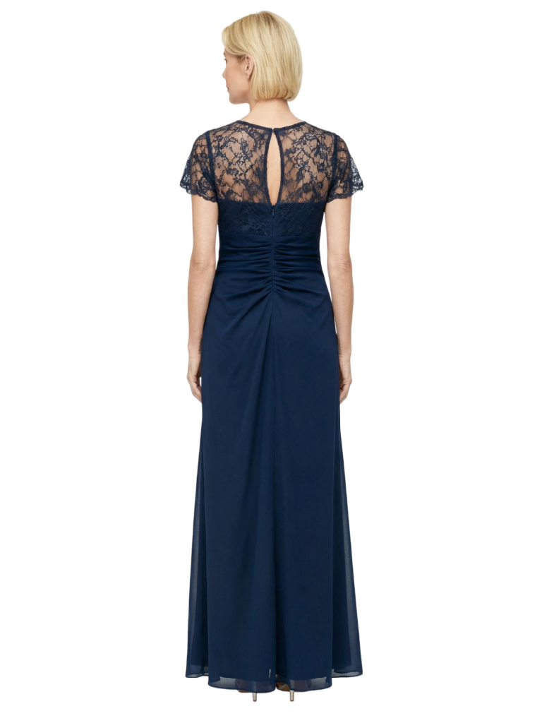 Elegant Illusion Short Sleeves Lace Chiffon A-line Side Slit Mother of The Bride Dresses