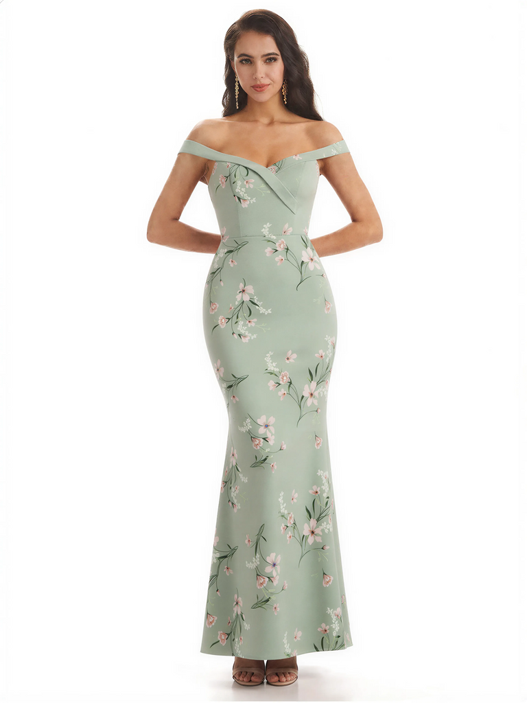 Simple Off Shoulder Mermaid Floral Satin Maxi Floral Formal Dresses For Women