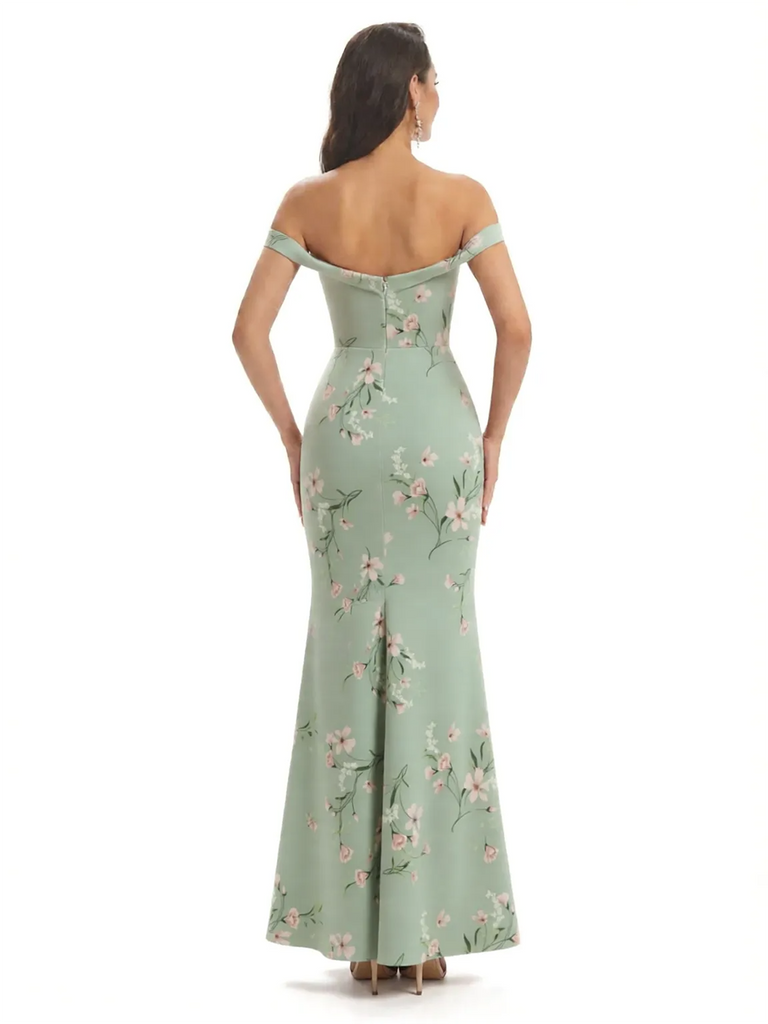 Simple Off Shoulder Mermaid Floral Satin Maxi Floral Formal Dresses For Women