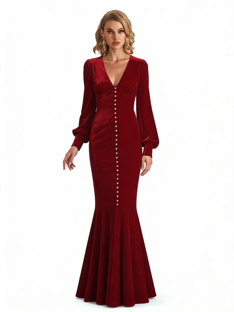 Sexy V-Neck Long Sleeves Velvet Mermaid Long Winter Evening Dresses for Women