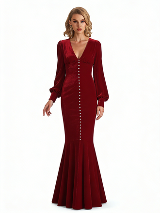 Sexy V-Neck Long Sleeves Velvet Mermaid Long Winter Evening Dresses for Women