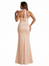 Sexy Halter Neck Side Slit Mermaid Ruched Satin Long Formal Dresses For Women