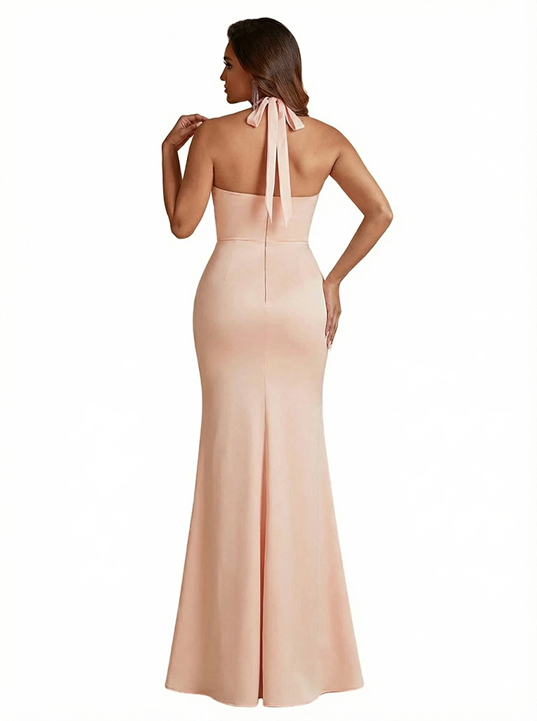 Sexy Halter Neck Side Slit Mermaid Ruched Satin Long Formal Dresses For Women