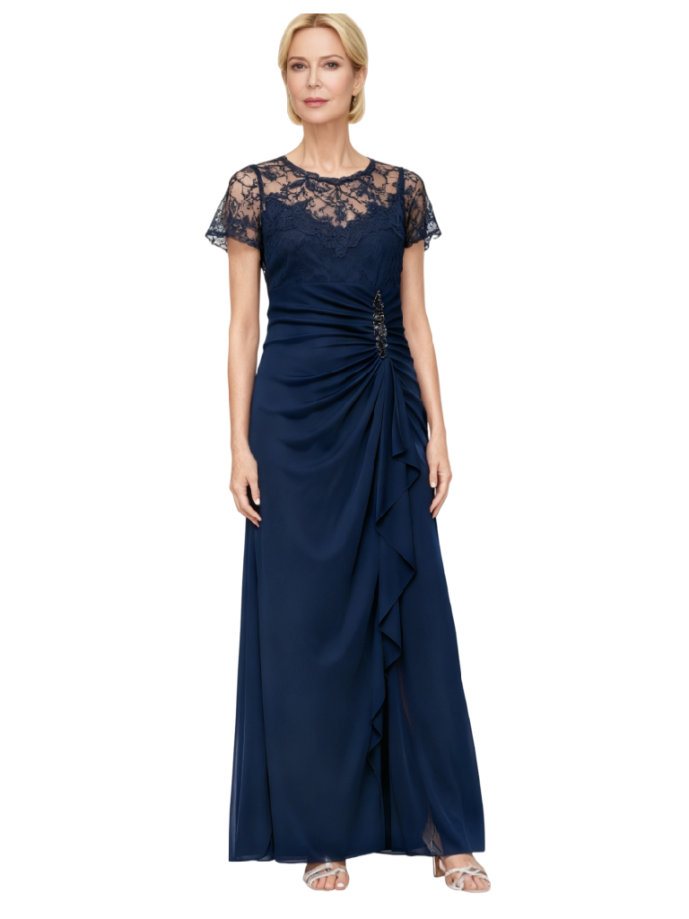Elegant Illusion Short Sleeves Lace Chiffon A-line Side Slit Mother of The Bride Dresses
