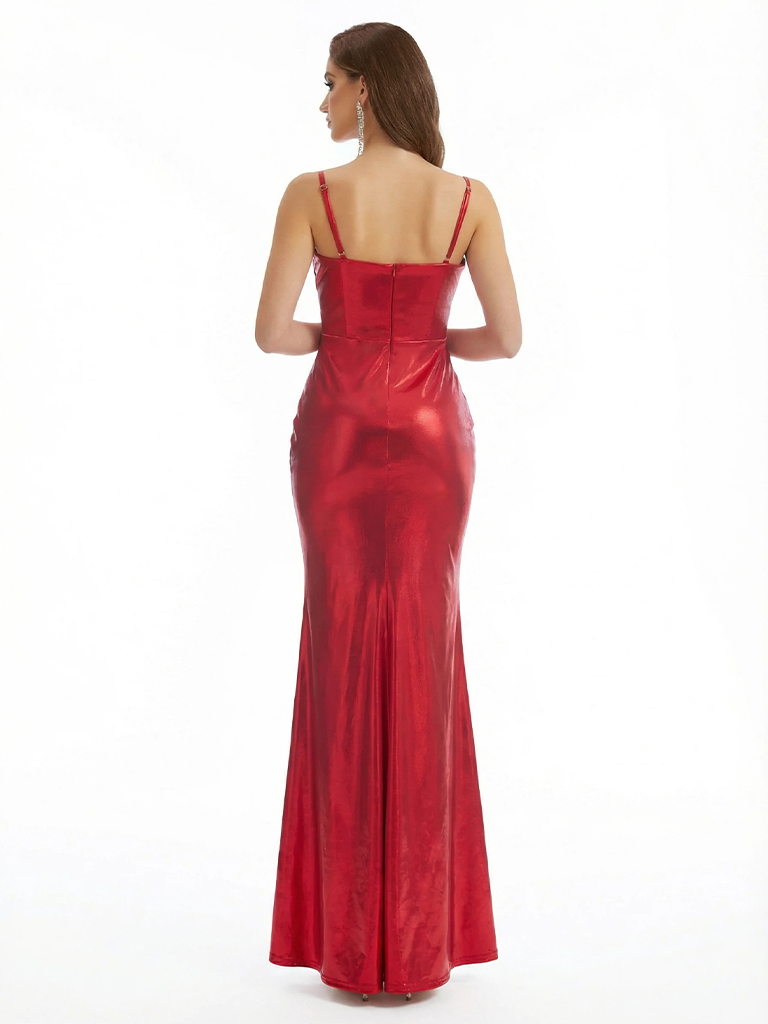 Sexy V-neck Sleeveless Mermaid Metallic Shiny Fabric Long Formal Dresses