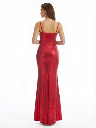 Sexy V-neck Sleeveless Mermaid Metallic Shiny Fabric Long Formal Dresses