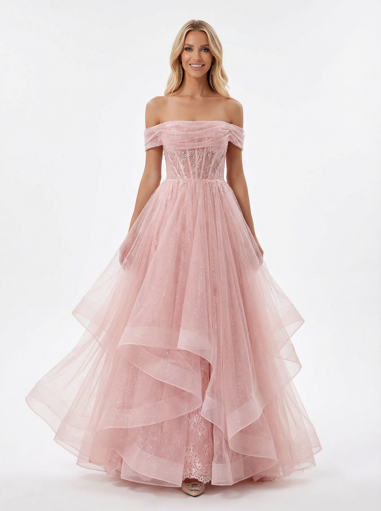 Gorgeous Off the Shoulder Lace Applique Corset A-line Glitter Tulle Prom Ball Gown