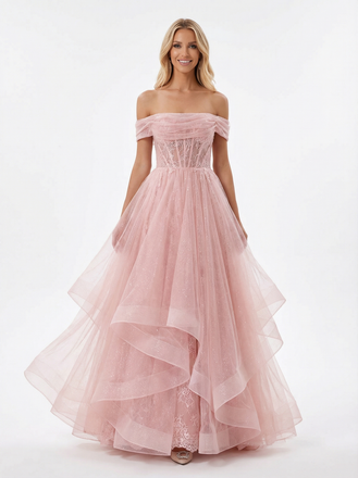 Gorgeous Off the Shoulder Lace Applique Corset A-line Glitter Tulle Prom Ball Gown