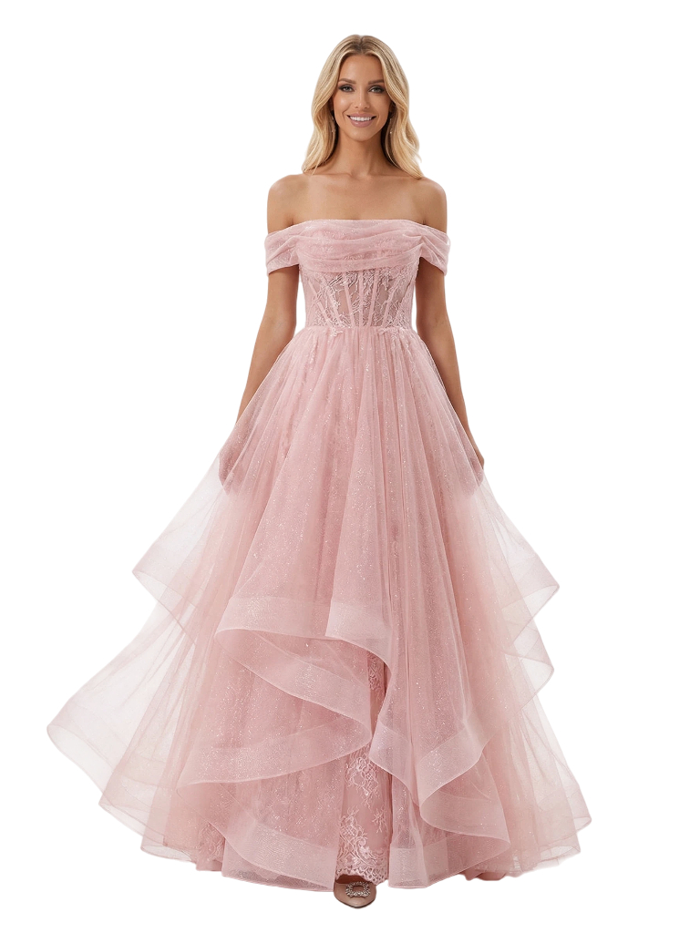 Elegant Off the Shoulder Lace Tiered Tulle Corset Ball Gown Prom Dresses