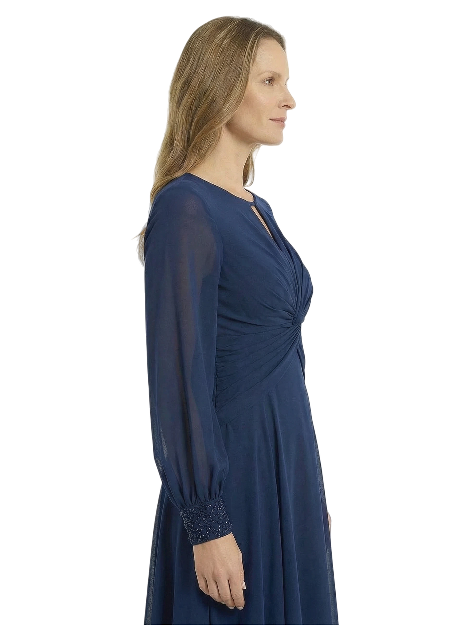 Mother of The Groom Dress Keyhole Neck Long Sleeve Chiffon Tea-Length A-Line Gown