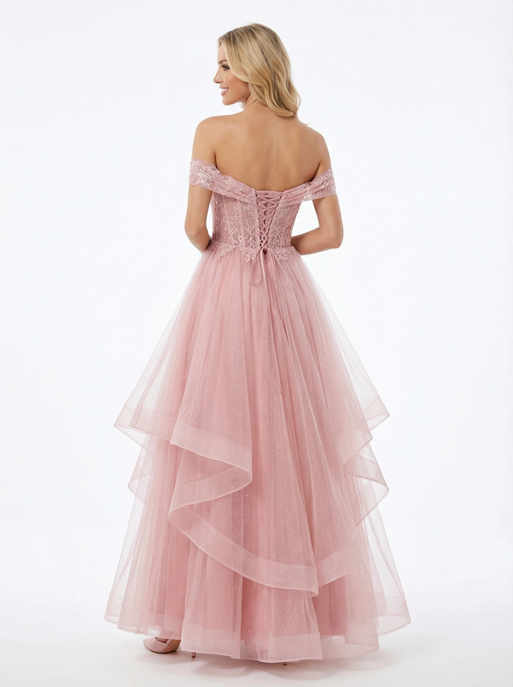 Gorgeous Off the Shoulder Lace Applique Corset A-line Glitter Tulle Prom Ball Gown
