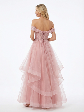 Gorgeous Off the Shoulder Lace Applique Corset A-line Glitter Tulle Prom Ball Gown