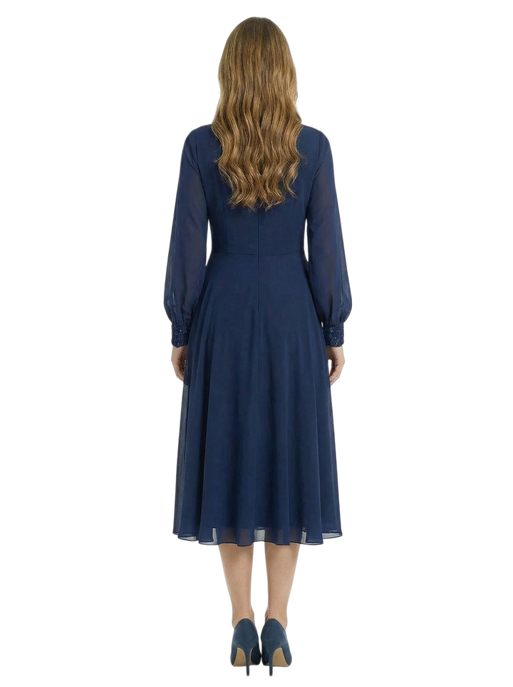 Mother of The Groom Dress Keyhole Neck Long Sleeve Chiffon Tea-Length A-Line Gown