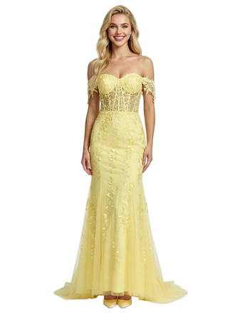 Elegant Lace Appliques Off the Shoulder Tulle Corset Mermaid Prom Dress