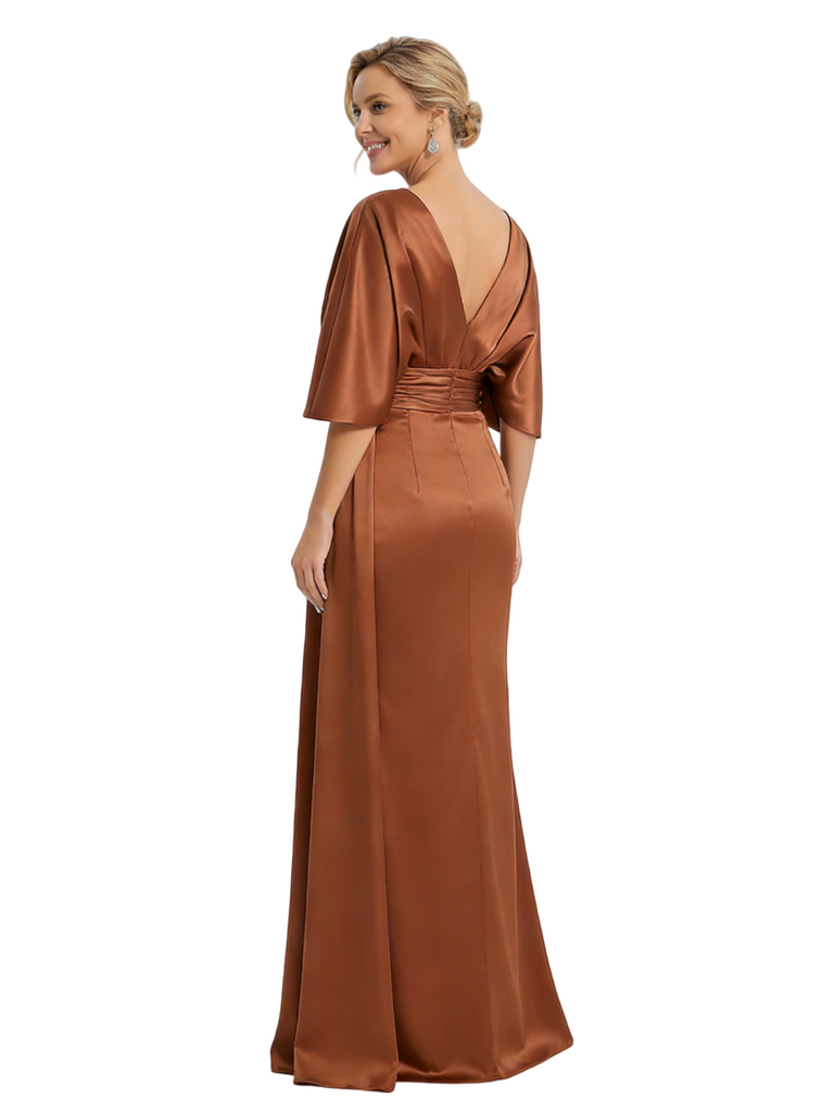 Mother of The Bride Dress V-Neck Cape Sleeve Satin Ruched Mermaid Floor-Length Gown Wedding Guest Formal Wear