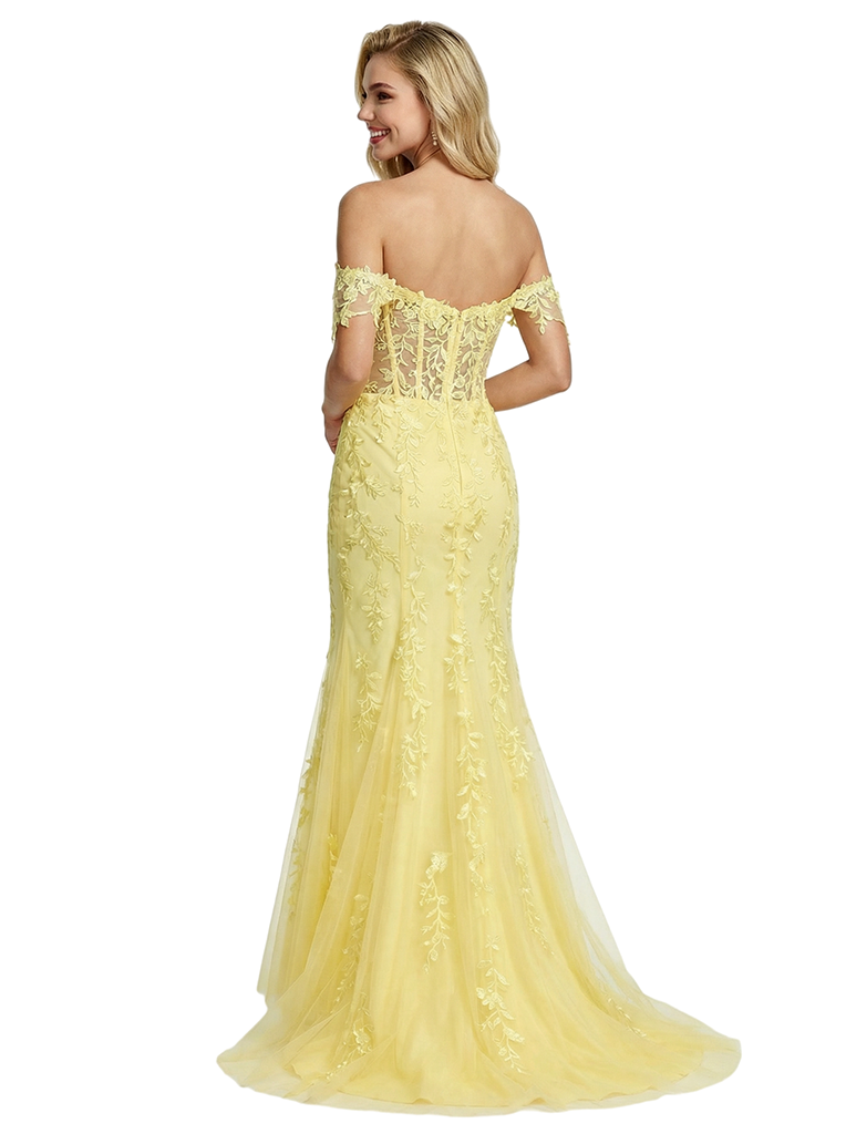 Elegant Lace Appliques Off the Shoulder Tulle Corset Mermaid Prom Dress