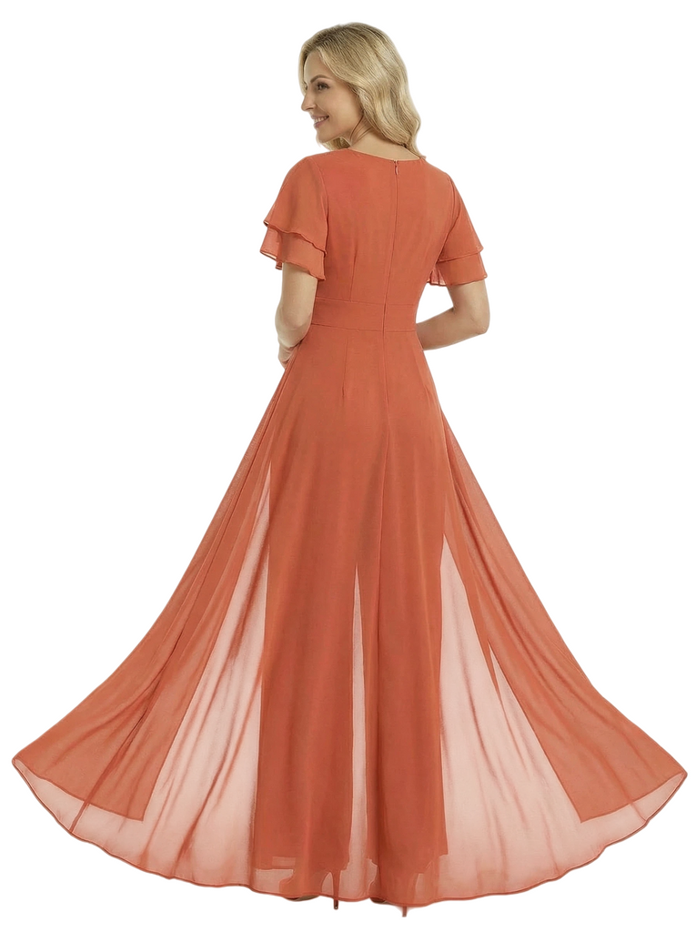 Mother of The Bride Pantsuit Round Neck Ruffled Short Sleeve Chiffon Floor-Length Pantsuit Trendy Unique Bride Mother Formal Attire