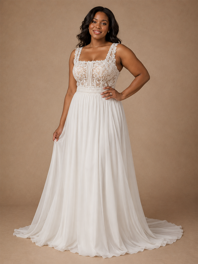 ChicSew Elegant Square Neck Lace Applique Chiffon Sleeveless A-Line Floor-Length Wedding Dress
