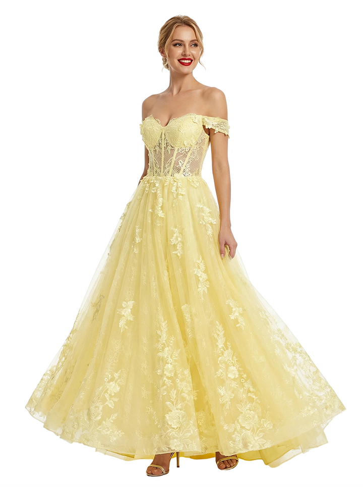 ChicSew Elegant Tulle Off Shoulder Sleeveless Lace Appliques A-Line Formal Prom Dresses