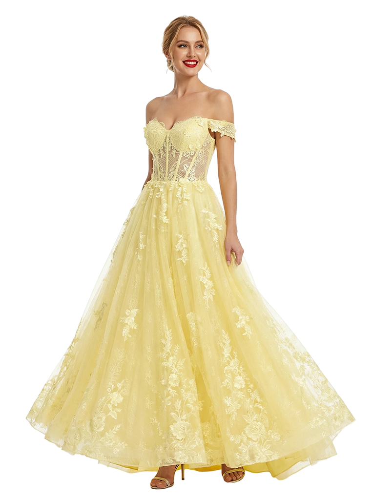 ChicSew Elegant Tulle Off Shoulder Sleeveless Lace Appliques A-Line Formal Prom Dresses