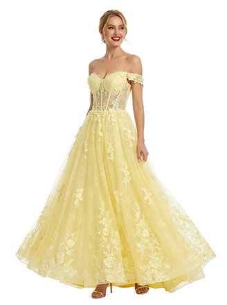 ChicSew Elegant Tulle Off Shoulder Sleeveless Lace Appliques A-Line Formal Prom Dresses