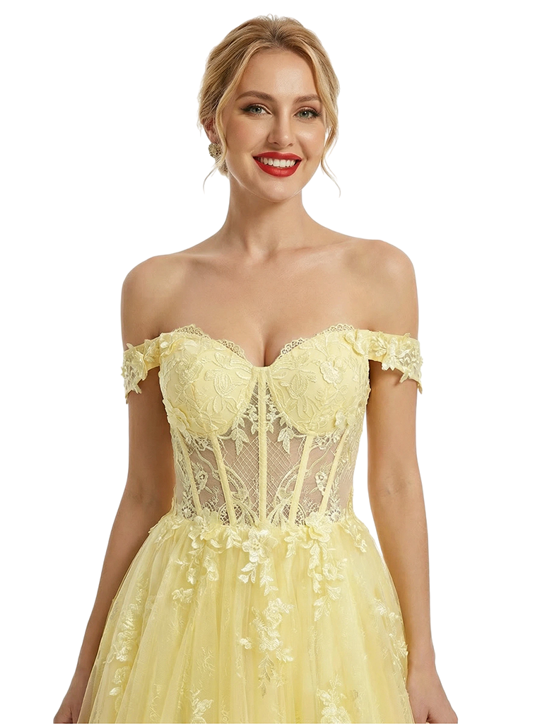 ChicSew Elegant Tulle Off Shoulder Sleeveless Lace Appliques A-Line Formal Prom Dresses