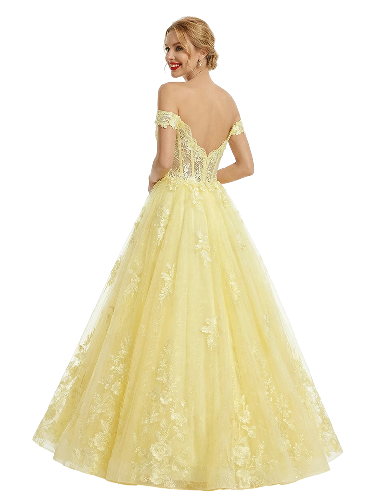 ChicSew Elegant Tulle Off Shoulder Sleeveless Lace Appliques A-Line Formal Prom Dresses