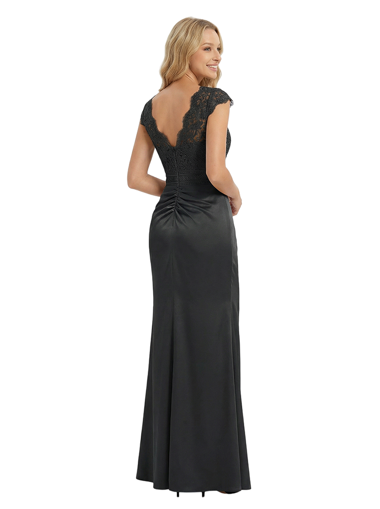 Elegant V-Neck Cap Sleeve Lace Appliques Satin Mermaid Formal Prom Dress
