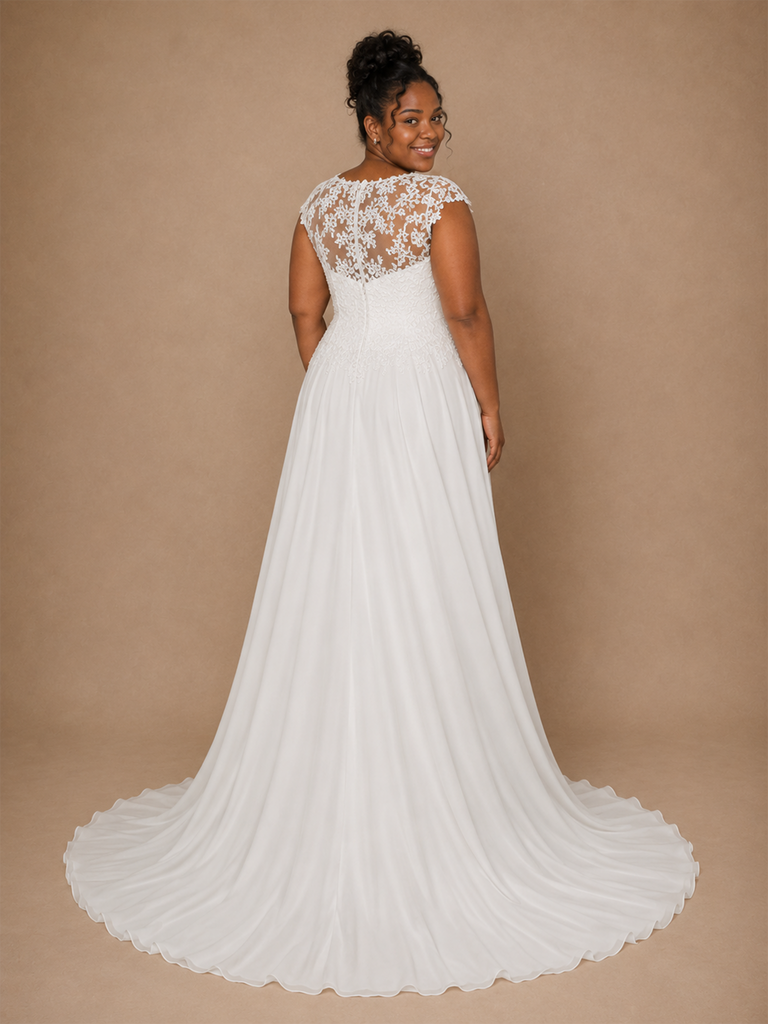 ChicSew Classy V-Neck Lace Applique Chiffon Cap Sleeves A-Line Pleated Floor-Length Wedding Dress