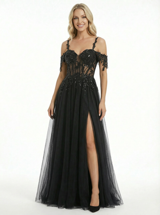 Unique Cold Shoulder Floral Lace Corset High Slit Tulle Ball Gown Prom Dress