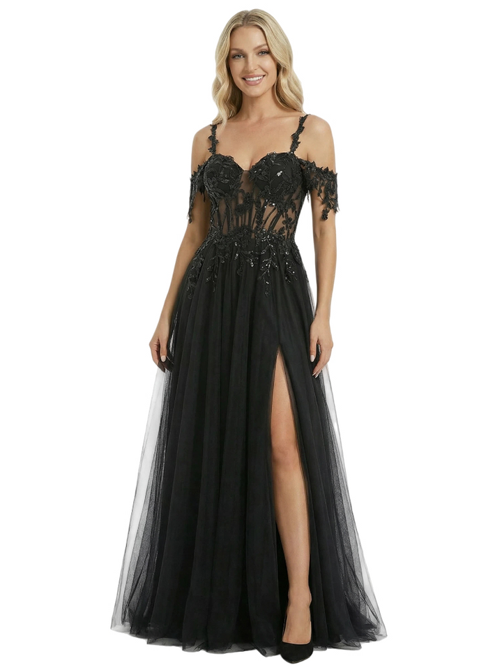 ChicSew Beautiful Lace Appliques Cold Shoulder Corset Side Slit A-Line Maxi Prom Dress
