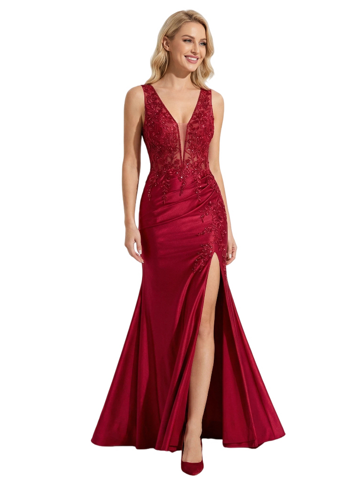 ChicSew Unique V-Neck Sleeveless Side Slit Satin Floor Length Mermaid Formal Evening Dress