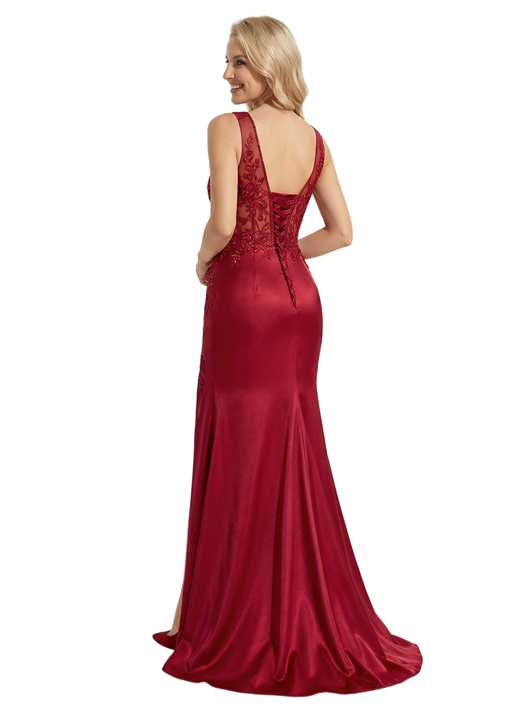 ChicSew Unique V-Neck Sleeveless Side Slit Satin Floor Length Mermaid Formal Evening Dress