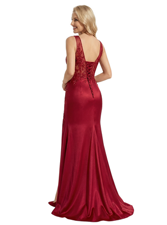 ChicSew Unique V-Neck Sleeveless Side Slit Satin Floor Length Mermaid Formal Evening Dress