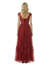 ChicSew Elegant Lace Cap Sleeves V-Neck Ruched A-Line Floor Length Prom Dress