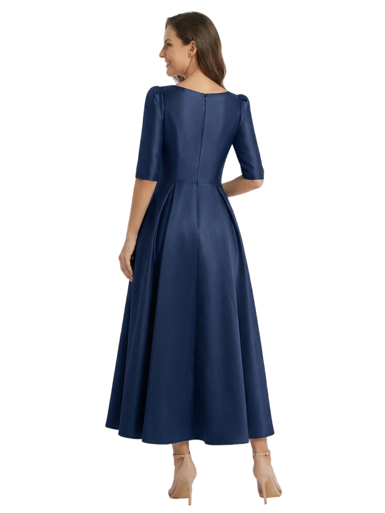 Mother of The Bride Gown Half Sleeves V-Neck Satin Mermaid Tea-lengh Stylish Formal Gown