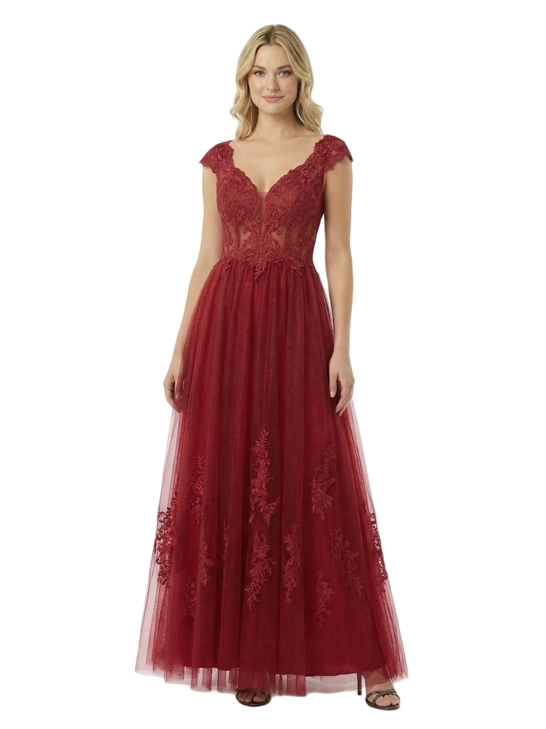 ChicSew Elegant Lace Cap Sleeves V-Neck Ruched A-Line Floor Length Prom Dress