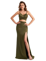 Sexy Two Pieces Side Slit Mermaid Silky Satin Unique Long Formal Evening Dresses