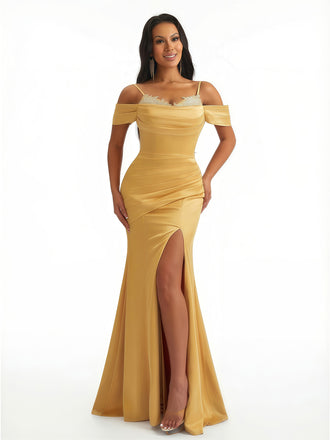 Sexy Cold Shoulder Lace Mermaid V-Neck Soft Satin Floor Length Evening Dresses Side Slit