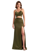 Sexy Two Pieces Side Slit Mermaid Silky Satin Unique Long Formal Evening Dresses