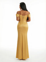 Sexy Cold Shoulder Lace Mermaid V-Neck Soft Satin Floor Length Evening Dresses Side Slit