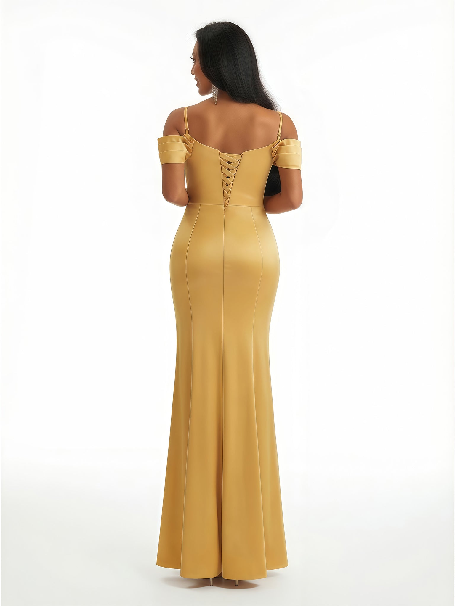 Sexy Cold Shoulder Lace Mermaid V-Neck Soft Satin Floor Length Evening Dresses Side Slit