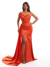 Elegant Off The Shoulder Side Slit Mermaid Satin Ruched Unique Long Bridesmaid Dresses