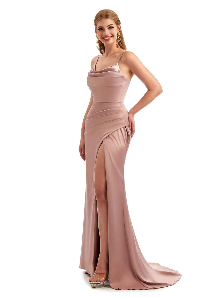 Chic Cowl Satin Dress Maid of Honor Spaghetti Straps Pleats