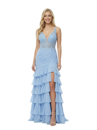 Charming V-Neck Tiered Ruffles Lace Appliques Mermaid Chiffon Prom Dress
