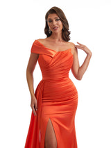 Elegant Off The Shoulder Side Slit Mermaid Satin Ruched Unique Long Bridesmaid Dresses