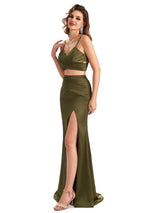 Sexy Two Pieces Side Slit Mermaid Silky Satin Unique Long Formal Evening Dresses