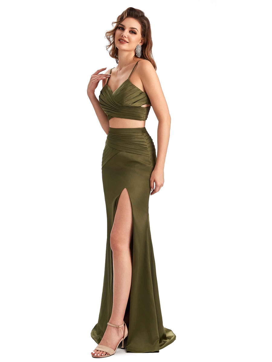 Sexy Two Pieces Side Slit Mermaid Silky Satin Unique Long Wedding Attendee Dress