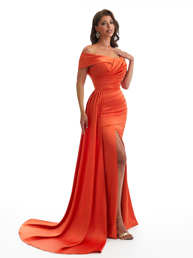 Elegant Off The Shoulder Side Slit Mermaid Satin Ruched Unique Long Bridesmaid Dresses