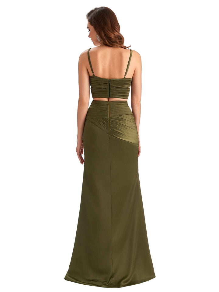 Sexy Two Pieces Side Slit Mermaid Silky Satin Unique Long Formal Evening Dresses